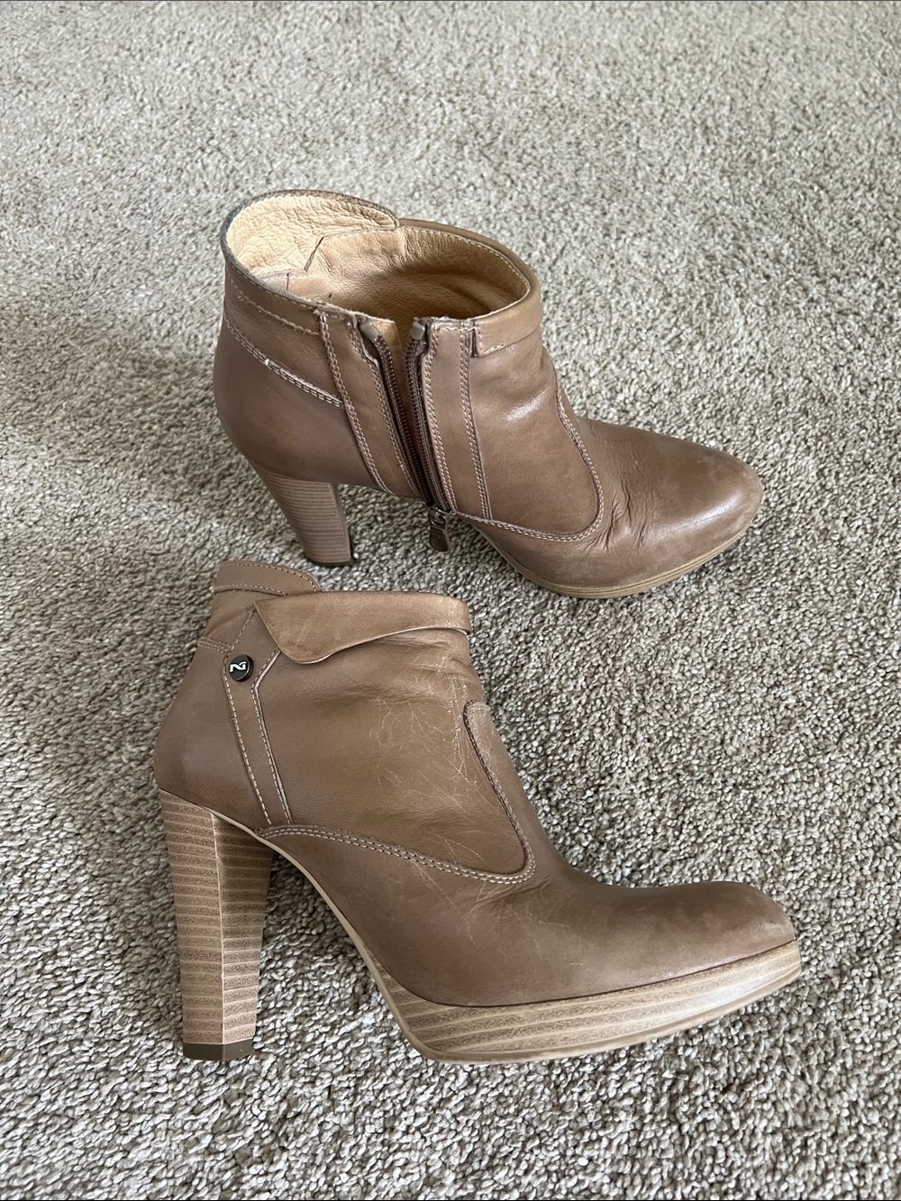 Nero Giardini Taupe Leather Stacked Heel Ankle Boots